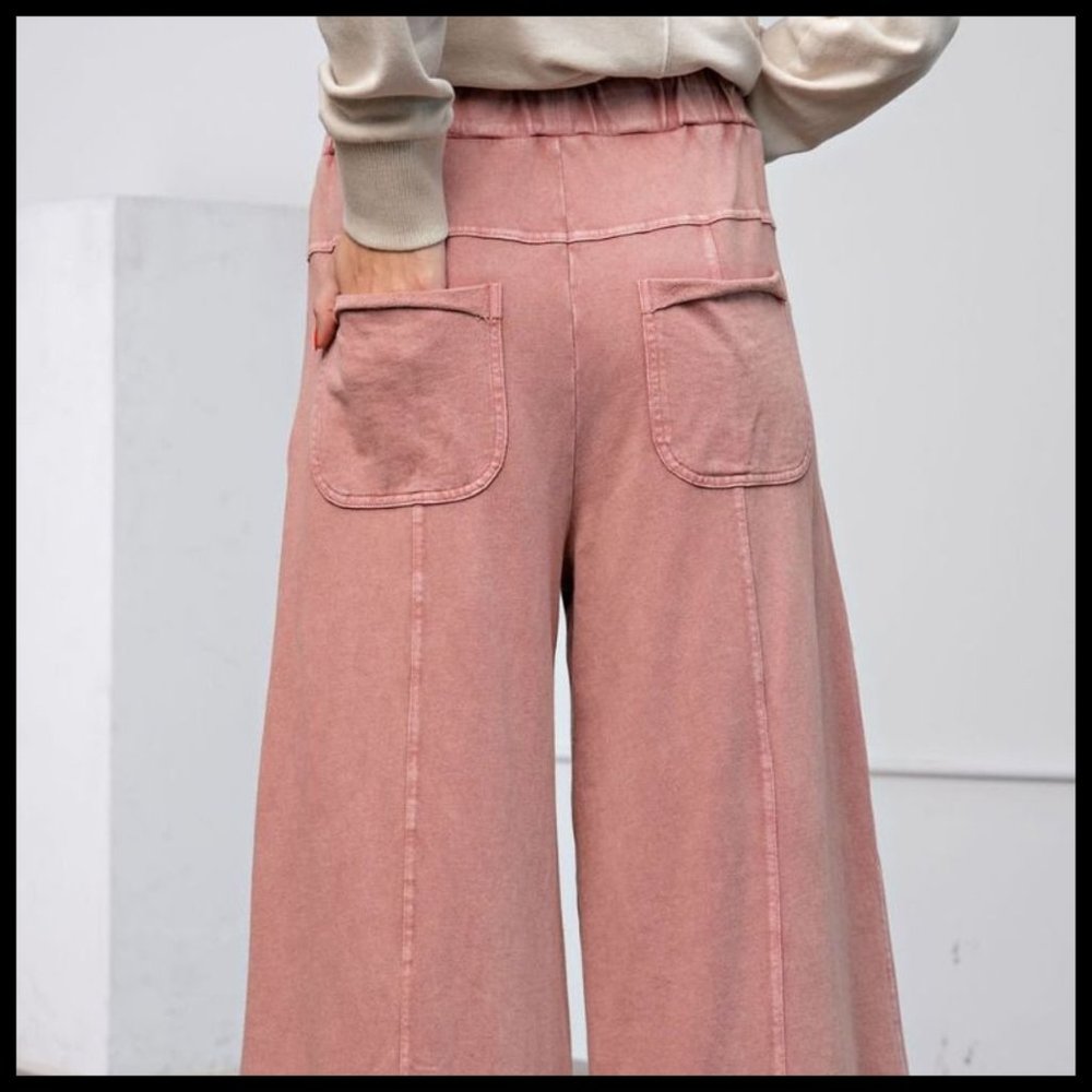 EASEL "Perfect Cargo" Terry Knit Mineral Washed Flared Leg Pants Raw Hem & Seams - Picture 6 of 14